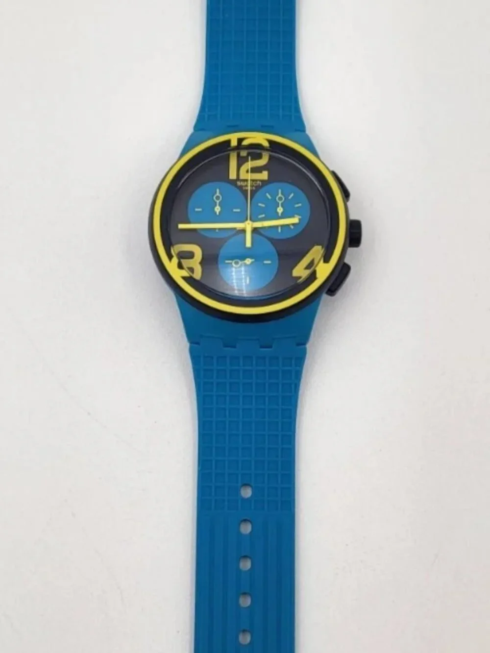Swatch ON YOUR MARK SUSS100 Blue Yellow Chronograph Swiss Quartz Watch 42mm